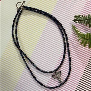 Handmade Blue Beaded Necklace with Silver Menorah Pendant Hanukkah Necklace